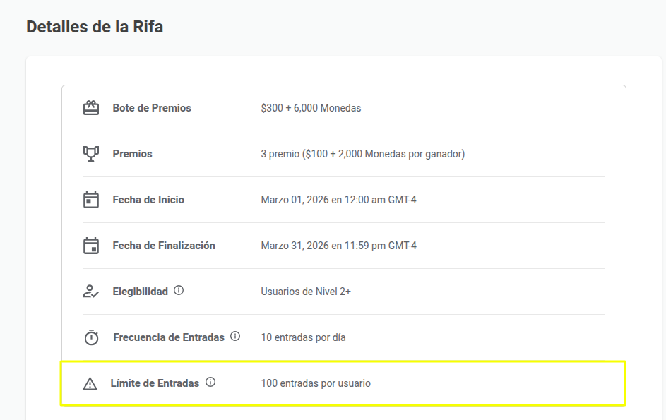 Detalles de la rifa Límite de participación Preguntas frecuentes
